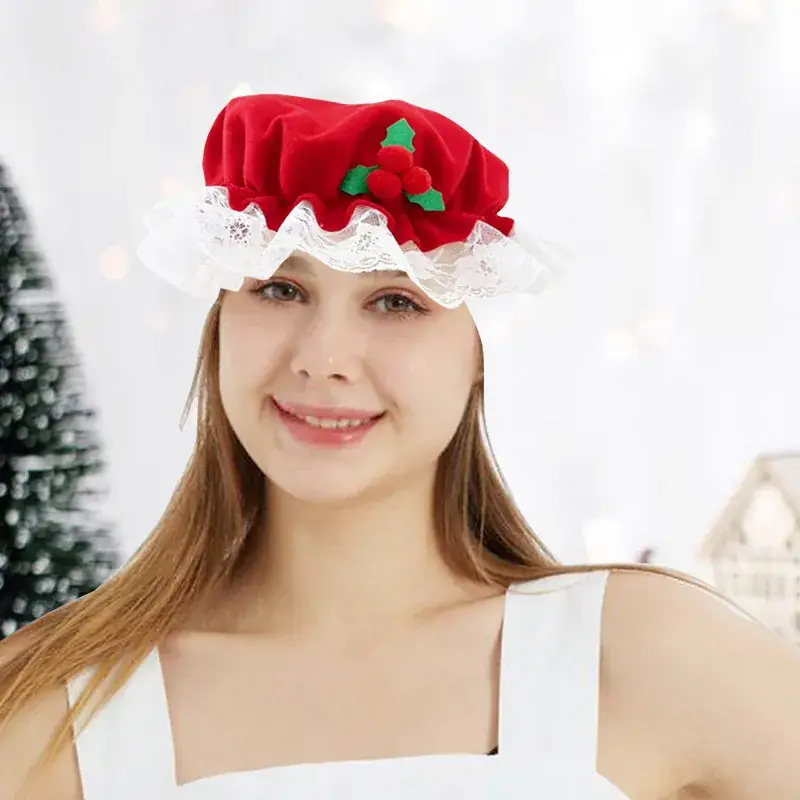 Red Christmas Fur Ball Hat with Lace Trim - Image 4