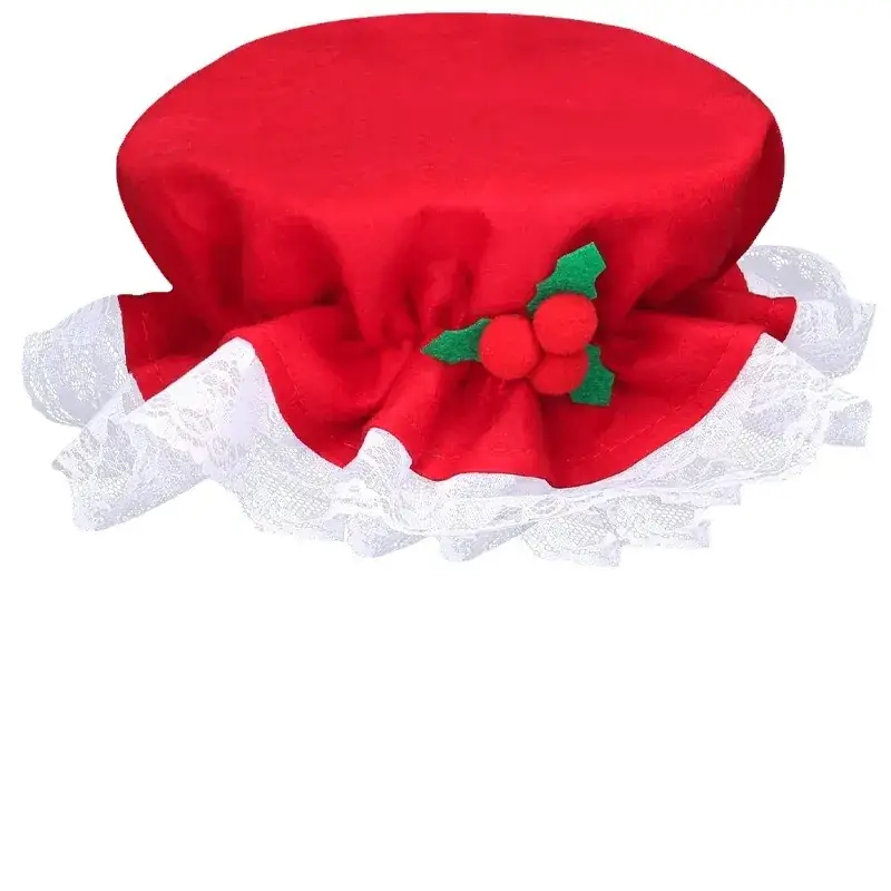 Red Christmas Fur Ball Hat with Lace Trim - Image 6