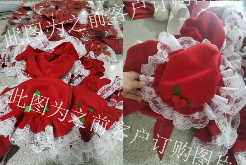 Red Christmas Fur Ball Hat with Lace Trim — feature 16