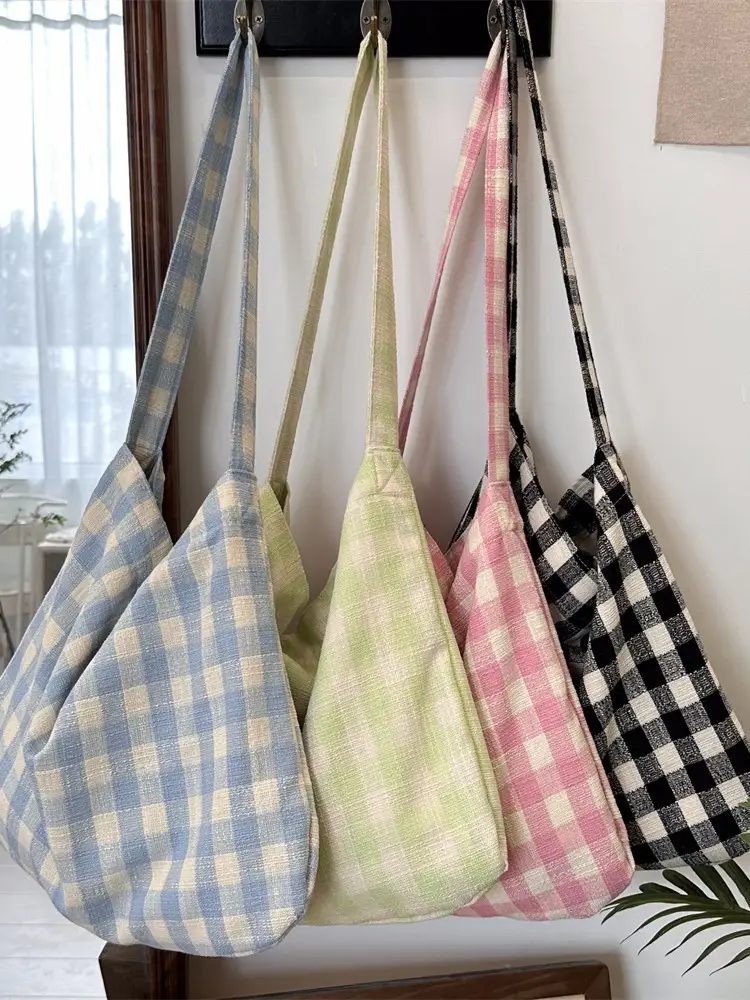 New Korean Style Underarm Bag Milk Blue Plaid Canvas - Image 2