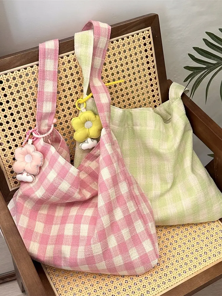 New Korean Style Underarm Bag Milk Blue Plaid Canvas - Image 3