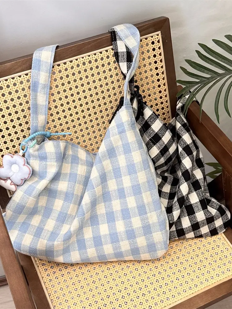 New Korean Style Underarm Bag Milk Blue Plaid Canvas - Image 4