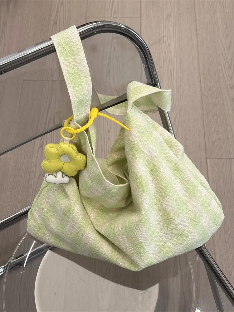New Korean Style Underarm Bag Milk Blue Plaid Canvas - Image 5