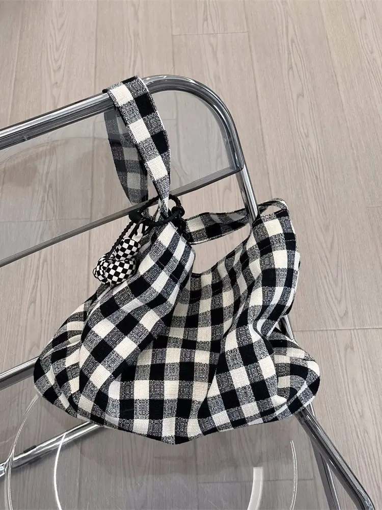 New Korean Style Underarm Bag Milk Blue Plaid Canvas - Image 6