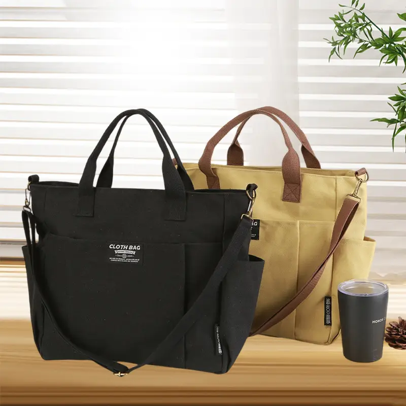 Canvas Tote Bag Multi Pocket Japanese Style Casual Student Schoolbag - Image 6