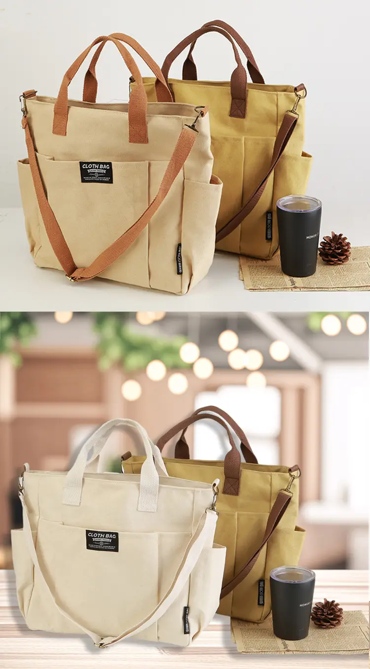 Canvas Tote Bag Multi Pocket Japanese Style Casual Student Schoolbag — feature 1