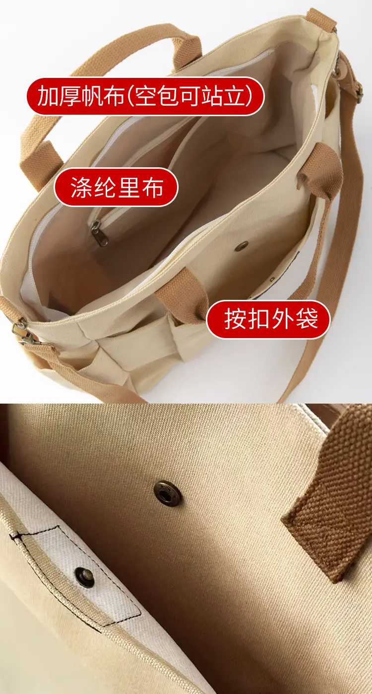Canvas Tote Bag Multi Pocket Japanese Style Casual Student Schoolbag — feature 3