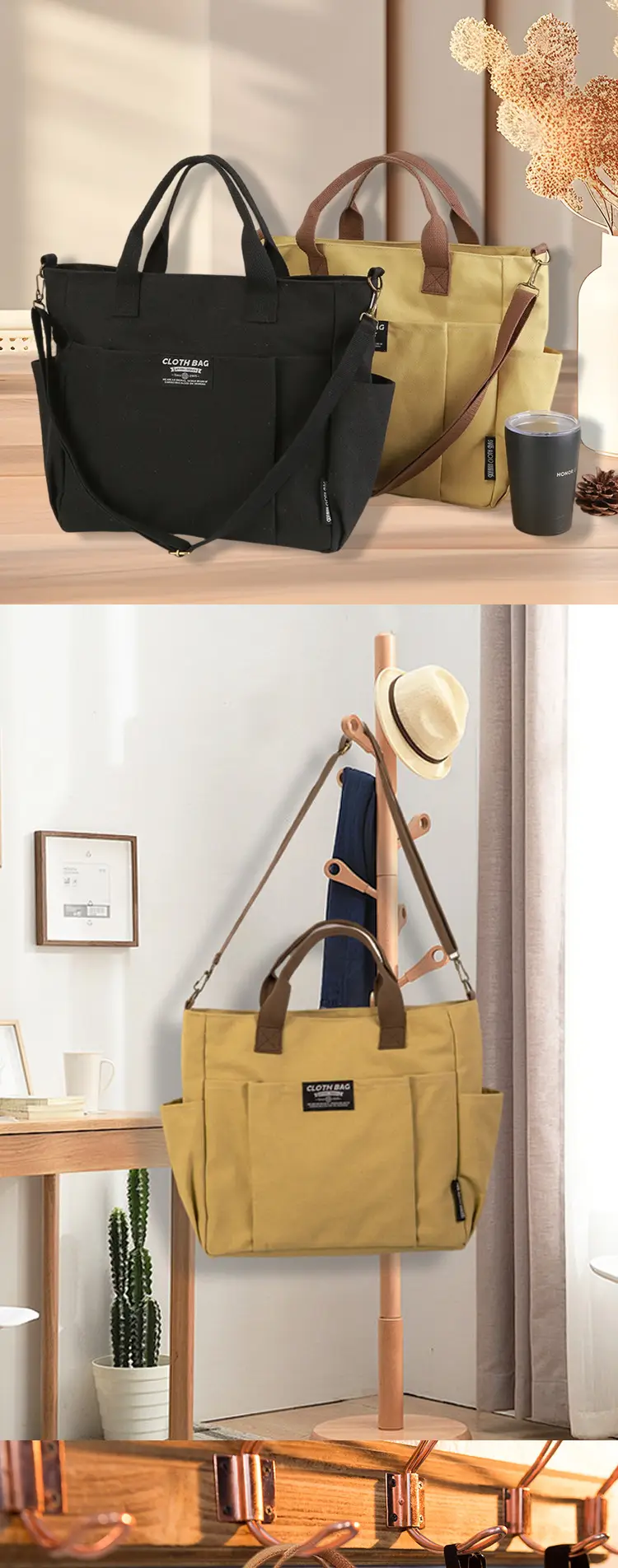 Canvas Tote Bag Multi Pocket Japanese Style Casual Student Schoolbag — feature 4
