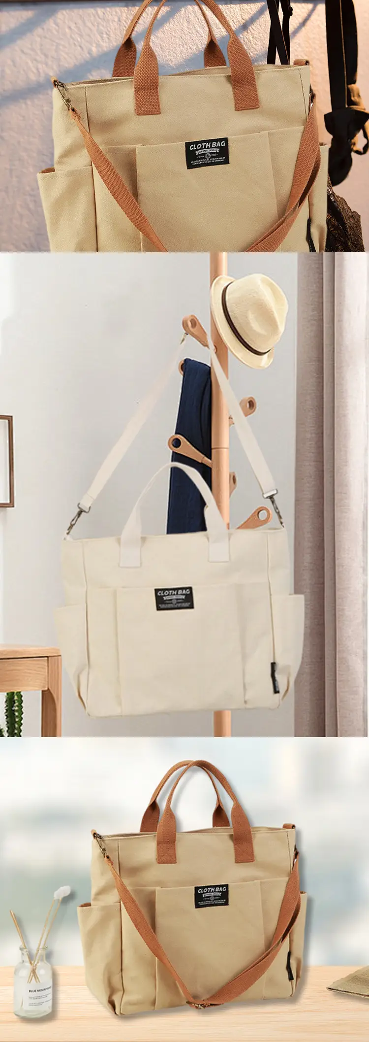 Canvas Tote Bag Multi Pocket Japanese Style Casual Student Schoolbag — feature 5