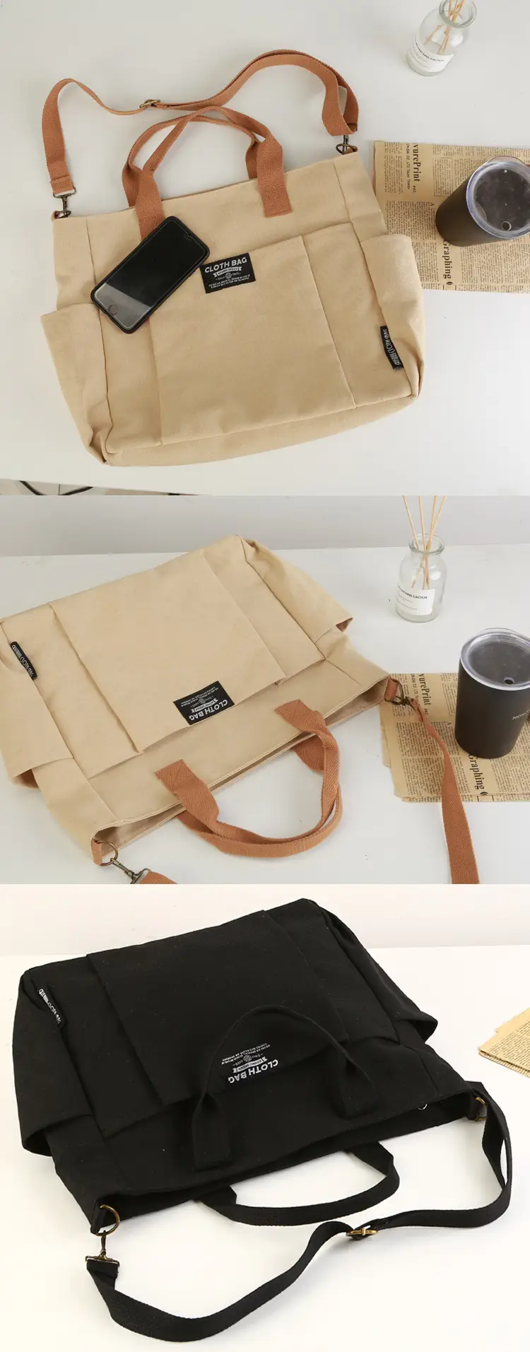 Canvas Tote Bag Multi Pocket Japanese Style Casual Student Schoolbag — feature 7
