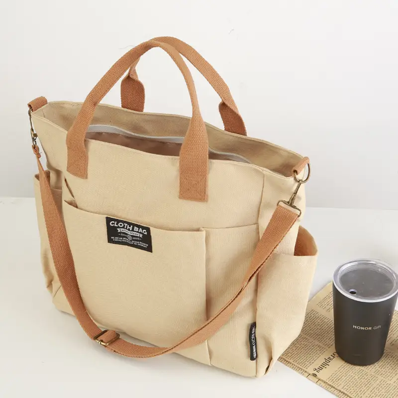 Canvas Tote Bag Multi Pocket Japanese Style Casual Student Schoolbag - Image 3