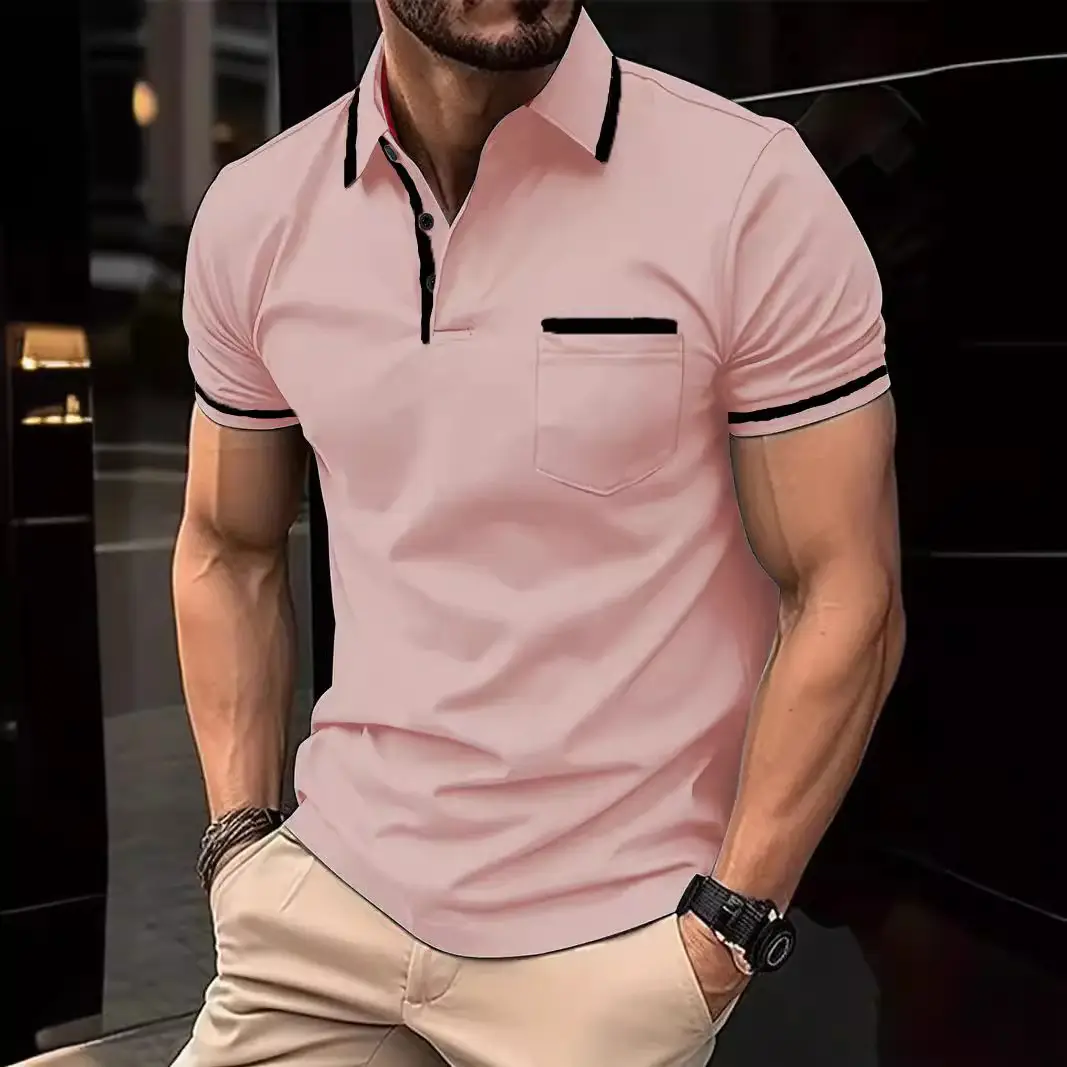Men's Light Blue Polo Shirt Button Pocket Summer 2024 - Image 14