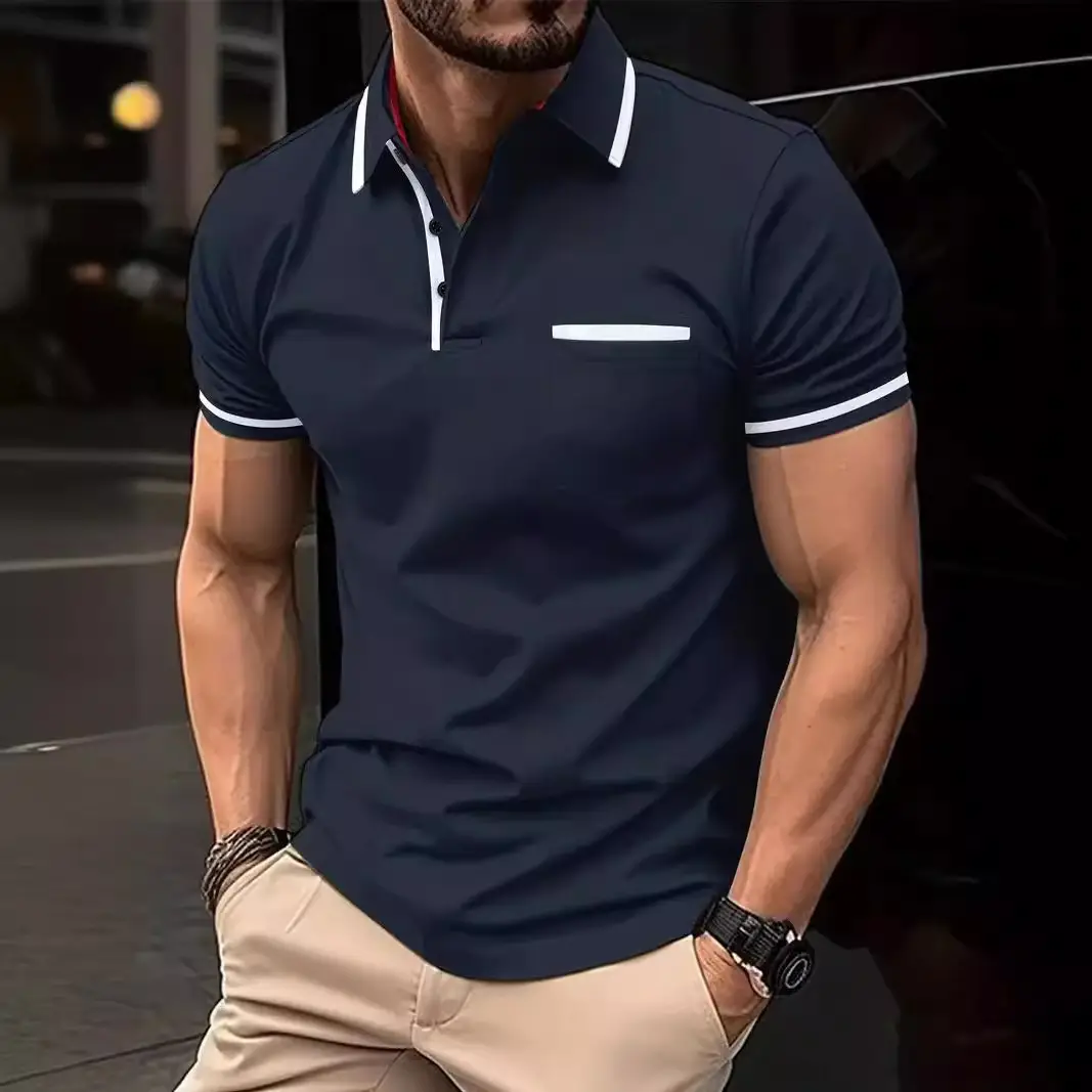 Men's Light Blue Polo Shirt Button Pocket Summer 2024 - Image 15