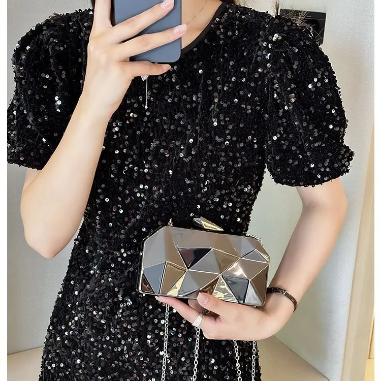 Silver Geometric Mirror Clutch Bag Mini Handbag