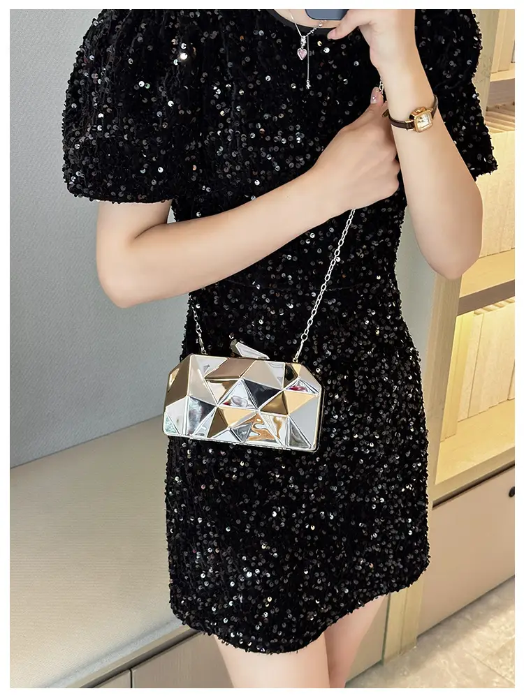 Silver Geometric Mirror Clutch Bag Mini Handbag — feature 18
