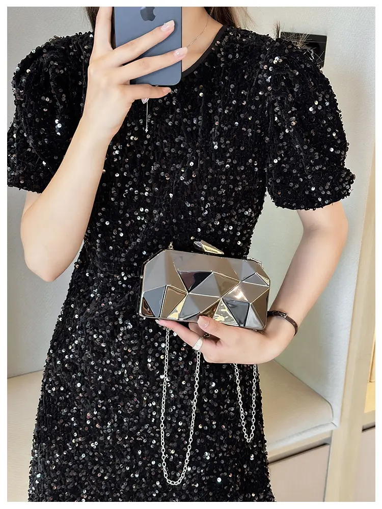 Silver Geometric Mirror Clutch Bag Mini Handbag — feature 5