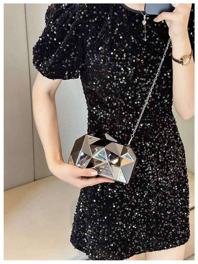 Silver Geometric Mirror Clutch Bag Mini Handbag — feature 9