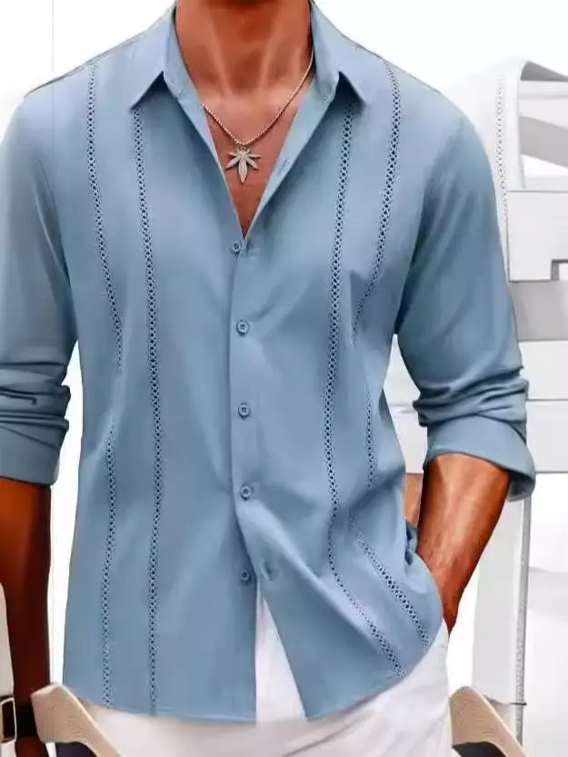 Men Striped Long Sleeve Shirt Light Blue Casual