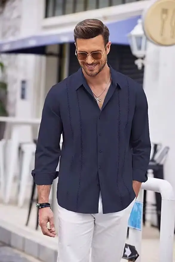 Men Striped Long Sleeve Shirt Light Blue Casual — feature 10