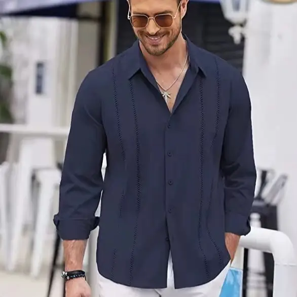Men Striped Long Sleeve Shirt Light Blue Casual — feature 15
