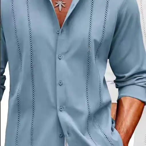 Men Striped Long Sleeve Shirt Light Blue Casual — feature 16