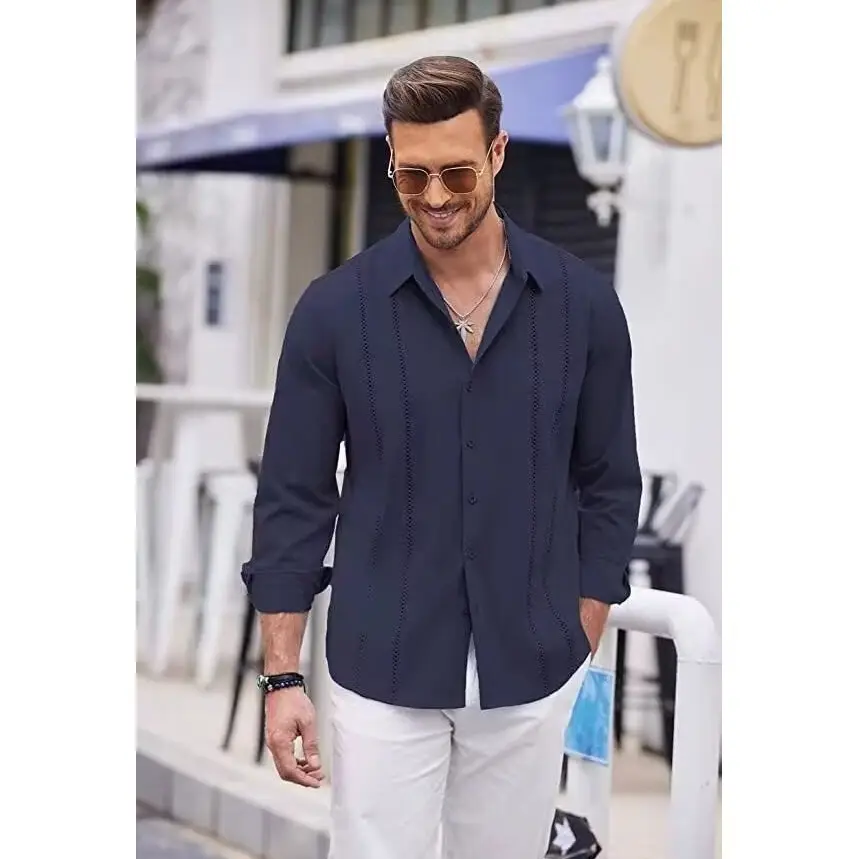 Men Striped Long Sleeve Shirt Light Blue Casual — feature 19