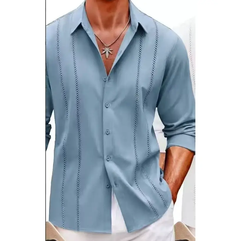 Men Striped Long Sleeve Shirt Light Blue Casual — feature 20