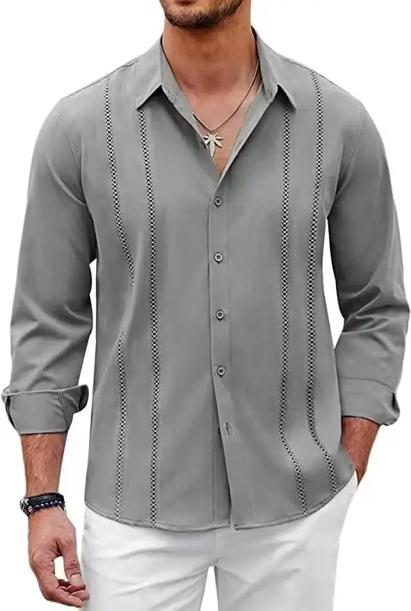 Men Striped Long Sleeve Shirt Light Blue Casual — feature 4