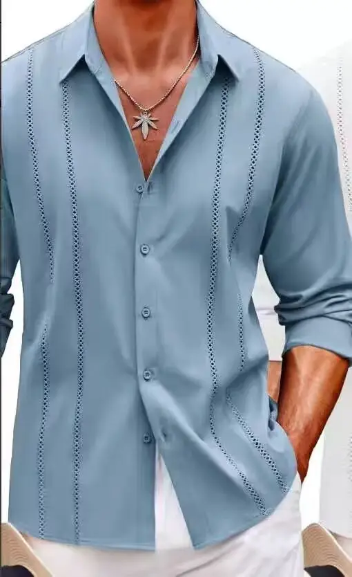 Men Striped Long Sleeve Shirt Light Blue Casual — feature 6
