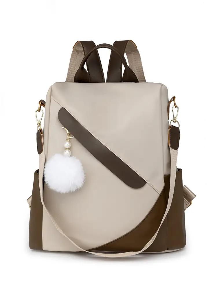 Women's Black Brown Leather Travel Backpack with Pom Pom - Image 4