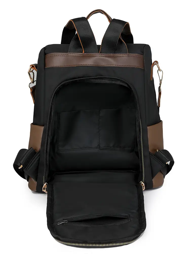 Women's Black Brown Leather Travel Backpack with Pom Pom - Image 7