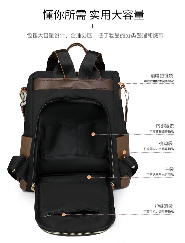 Women's Black Brown Leather Travel Backpack with Pom Pom — feature 3