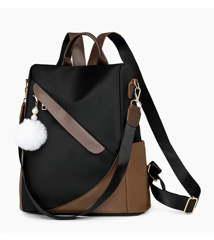 Women's Black Brown Leather Travel Backpack with Pom Pom — feature 6