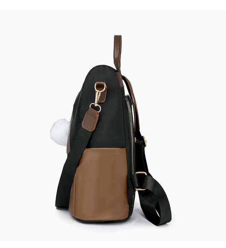 Women's Black Brown Leather Travel Backpack with Pom Pom — feature 7