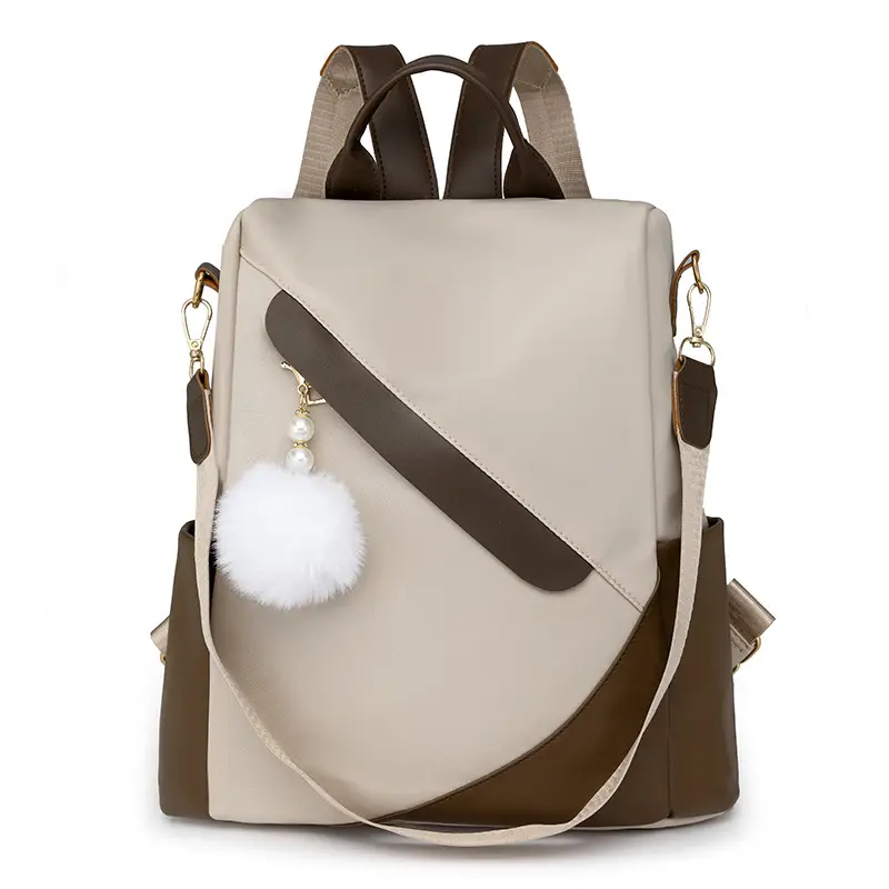 Women's Black Brown Leather Travel Backpack with Pom Pom - Image 2