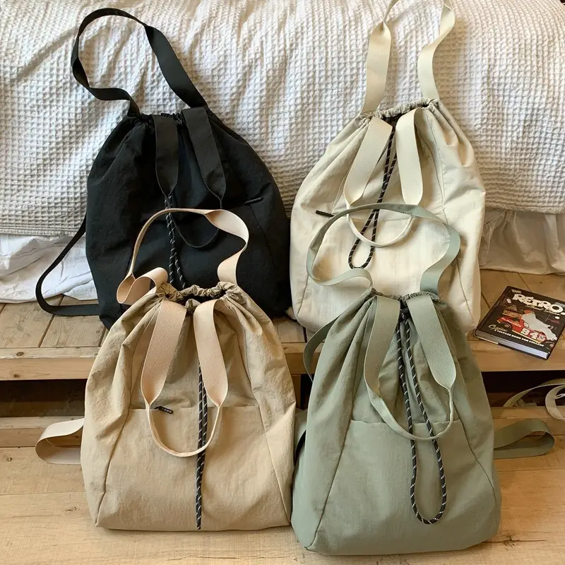 Korean Style Drawstring Tote Bag Large Capacity Women's 2024 College Student Backpack Women's Casual Backpack Nylon Shoulder Bag - Image 8