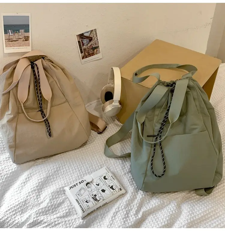 Korean Style Drawstring Tote Bag Large Capacity Women's 2024 College Student Backpack Women's Casual Backpack Nylon Shoulder Bag — feature 24