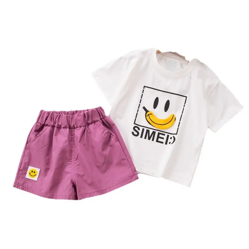 Children Cotton T-Shirt Shorts Set White Pink Summer - Image 5