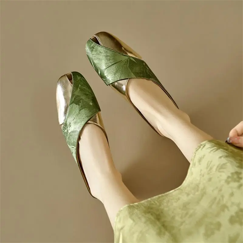 French Style Baotou Half Slippers Women's Summer Soft Leather National Style Printed Colorblock Square Head Hollow Flat Lazy Muller Sandals - Image 5