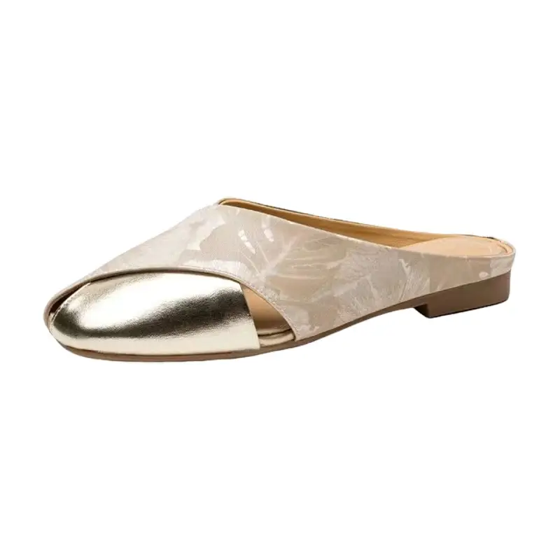 French Style Baotou Half Slippers Women's Summer Soft Leather National Style Printed Colorblock Square Head Hollow Flat Lazy Muller Sandals - Image 7