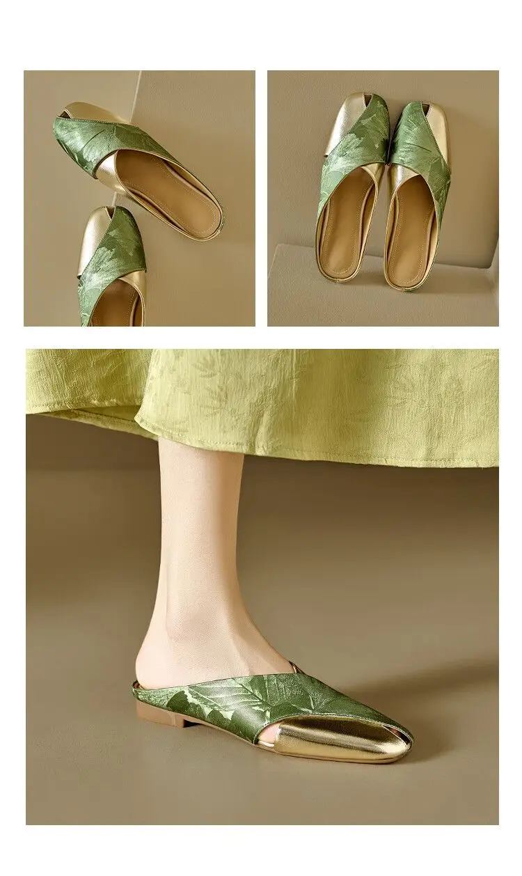 French Style Baotou Half Slippers Women's Summer Soft Leather National Style Printed Colorblock Square Head Hollow Flat Lazy Muller Sandals — feature 5