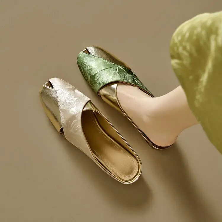 French Style Baotou Half Slippers Women's Summer Soft Leather National Style Printed Colorblock Square Head Hollow Flat Lazy Muller Sandals — feature 6