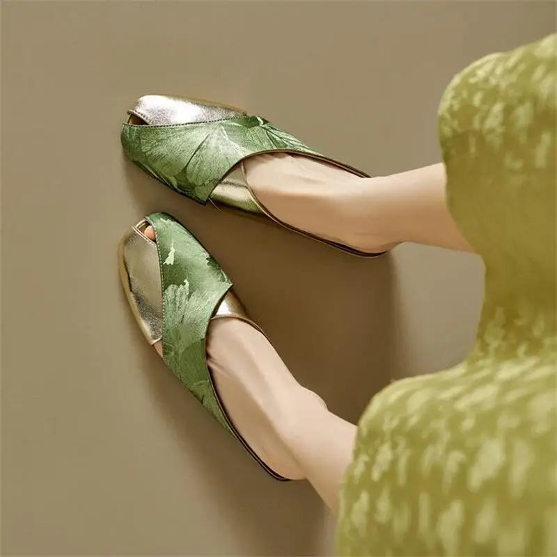 French Style Baotou Half Slippers Women's Summer Soft Leather National Style Printed Colorblock Square Head Hollow Flat Lazy Muller Sandals - Image 2