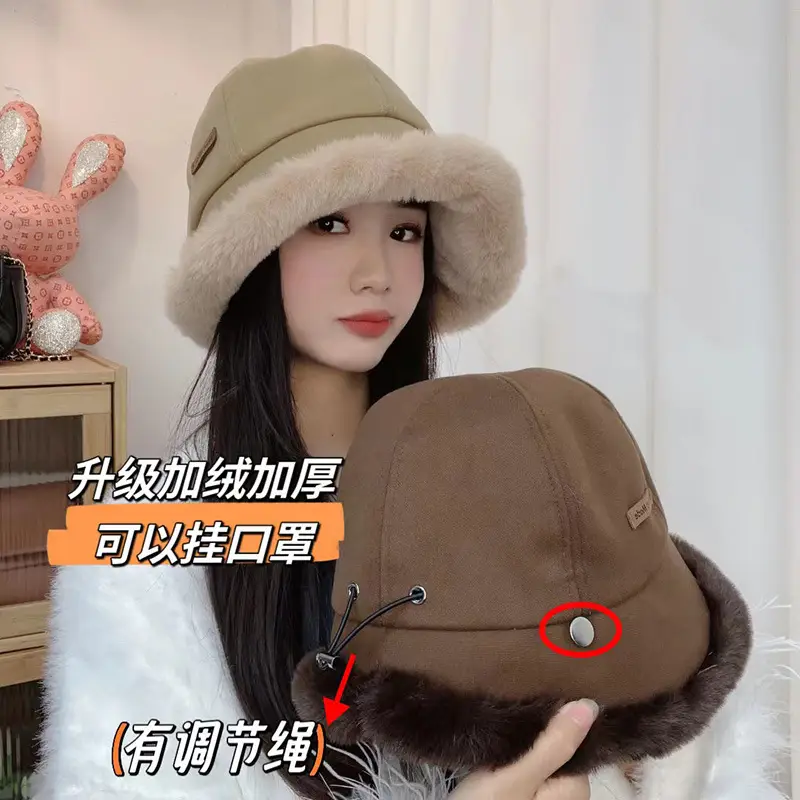 Winter Plush Fisherman Hat Women Duck Tongue Big Head Wai Face Small Outdoor Cycling Windshield Warm Basin Hat - Image 5