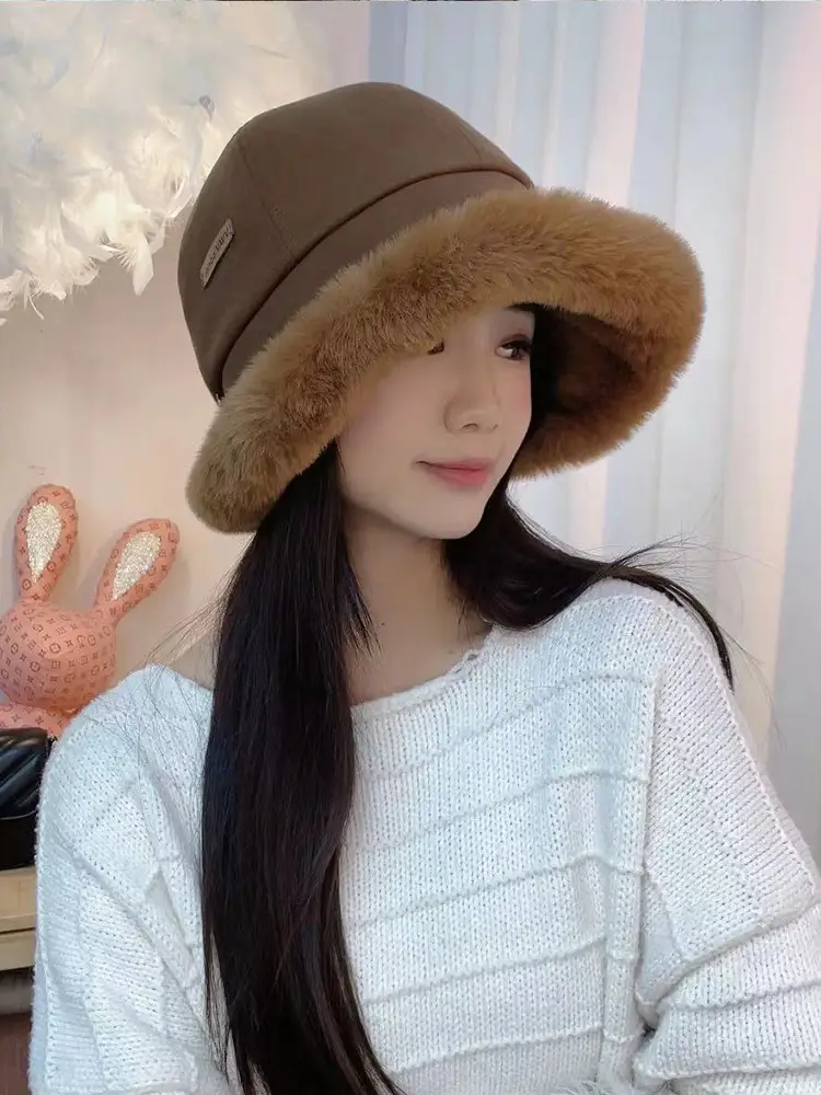 Winter Plush Fisherman Hat Women Duck Tongue Big Head Wai Face Small Outdoor Cycling Windshield Warm Basin Hat — feature 11
