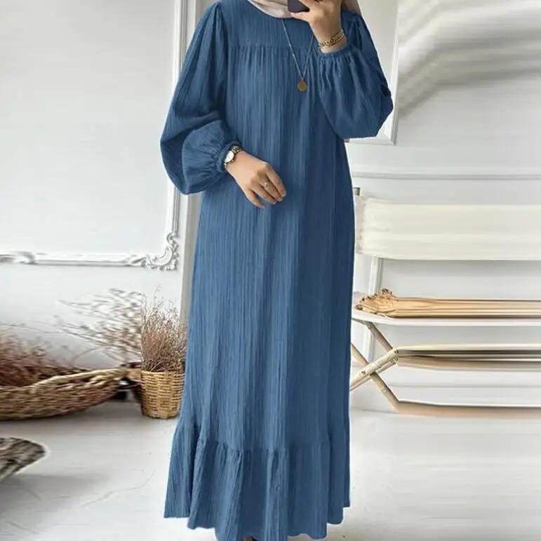 White Muslim Robe Puff Sleeve Ruffle Dress - Image 16