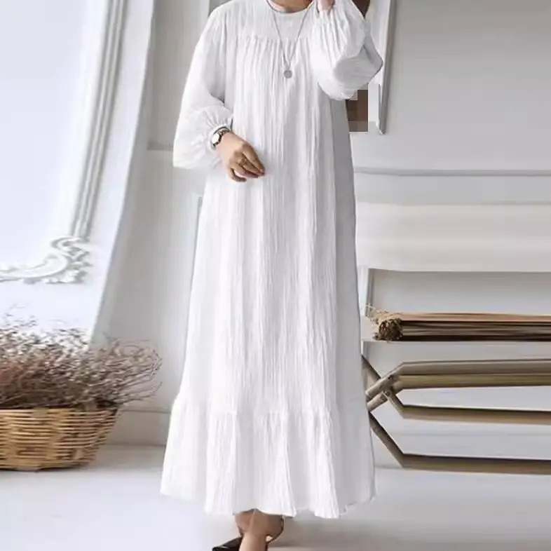 White Muslim Robe Puff Sleeve Ruffle Dress - Image 17