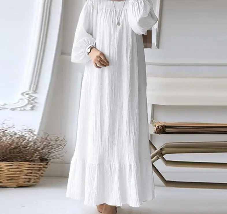 White Muslim Robe Puff Sleeve Ruffle Dress — feature 1