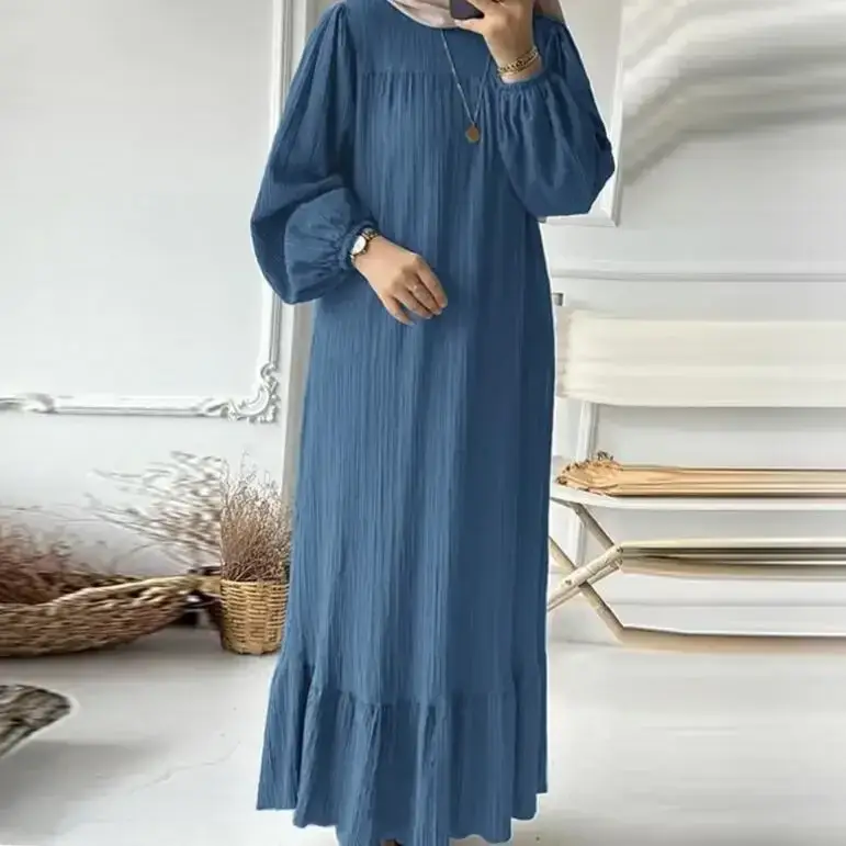 White Muslim Robe Puff Sleeve Ruffle Dress - Image 10