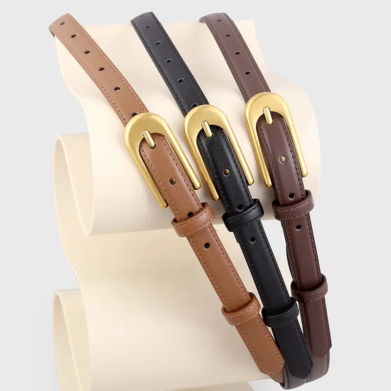 Retro Belt for Women Brown Black Gold Buckle